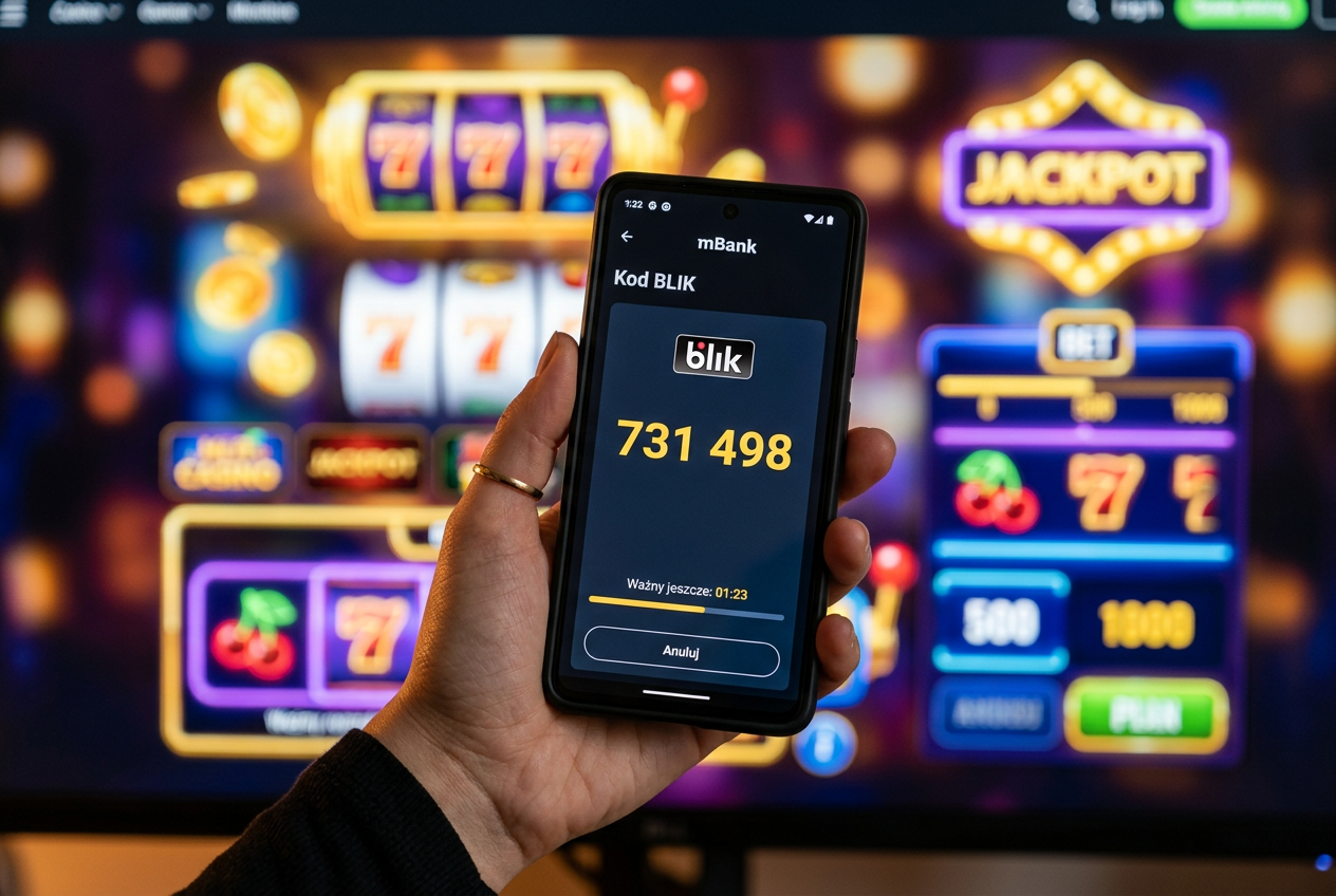 Smartfon z aplikacją bankową generującą kod BLIK na tle kasyna online