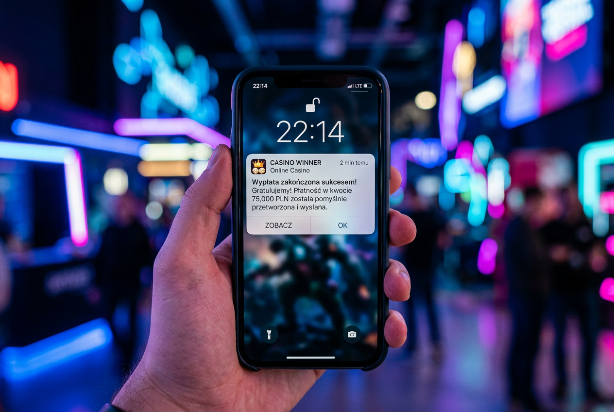 Smartfon wyświetlający powiadomienie o błyskawicznym przelewie z kasyna internetowego