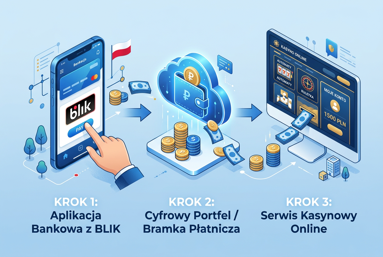 Schemat pokazujący drogę pieniędzy od aplikacji bankowej przez MiFinity do kasyna