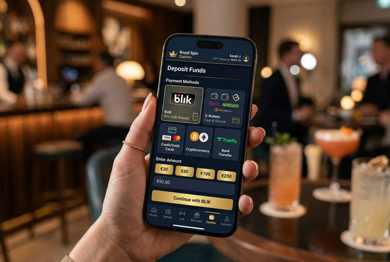 Interfejs mobilny kasyna z menu płatności BLIK i e-portfelami