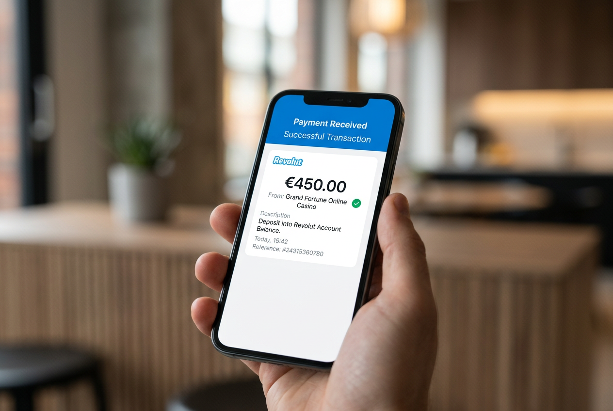 Smartphone with Revolut app showing a fast withdrawal from an online casino