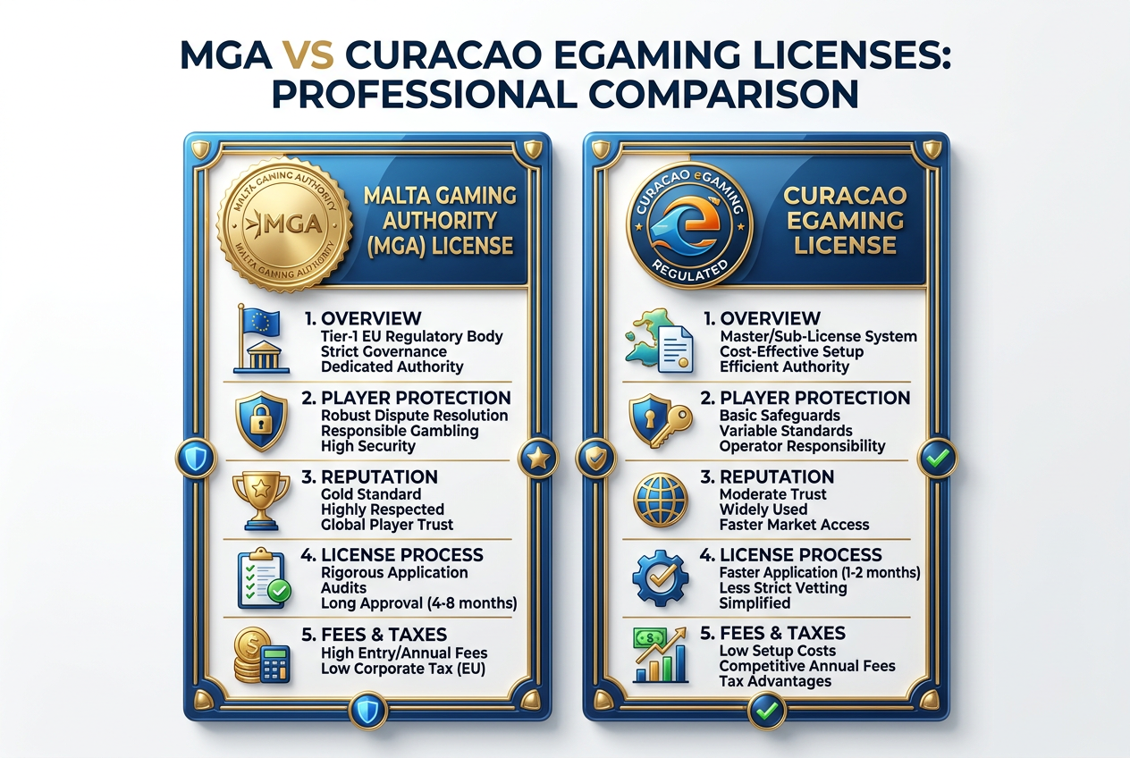 Infografika porównująca licencje hazardowe MGA oraz Curacao eGaming